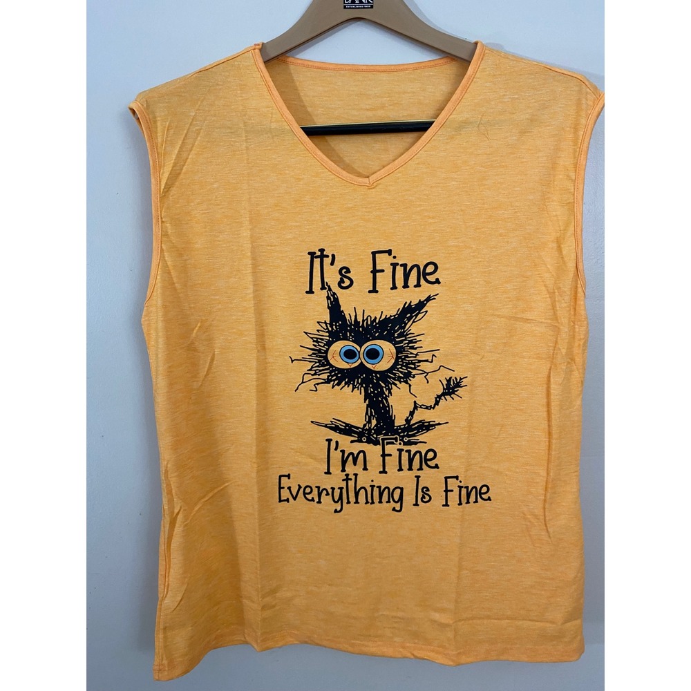 Everything Is Fine Cat Tank Women XL Orange Heather Graphic V-Neck Tee